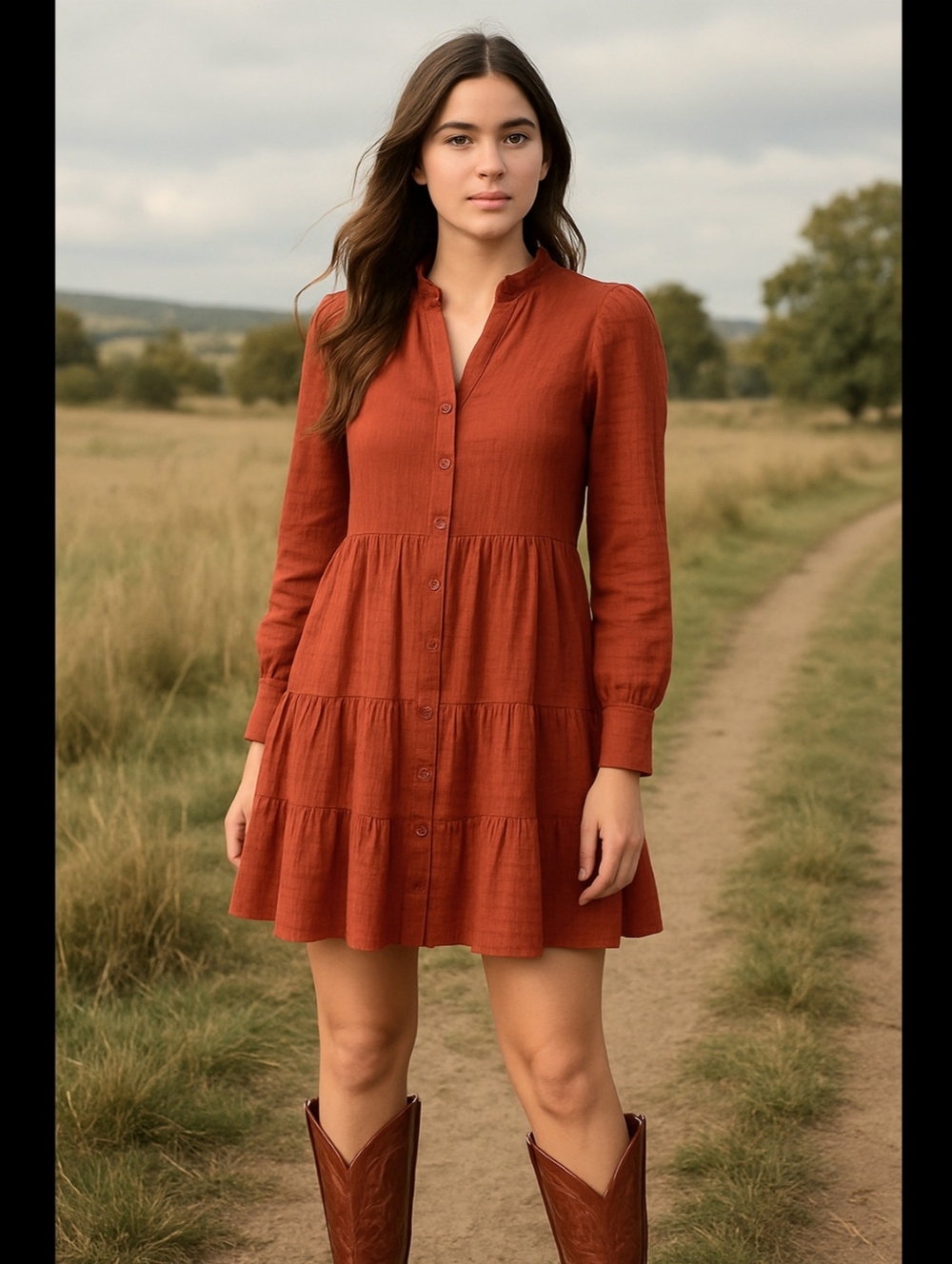 Rust Textured Cotton Long Sleeve Tiered Ruffle Shirtdress Country Cowgirl Fall